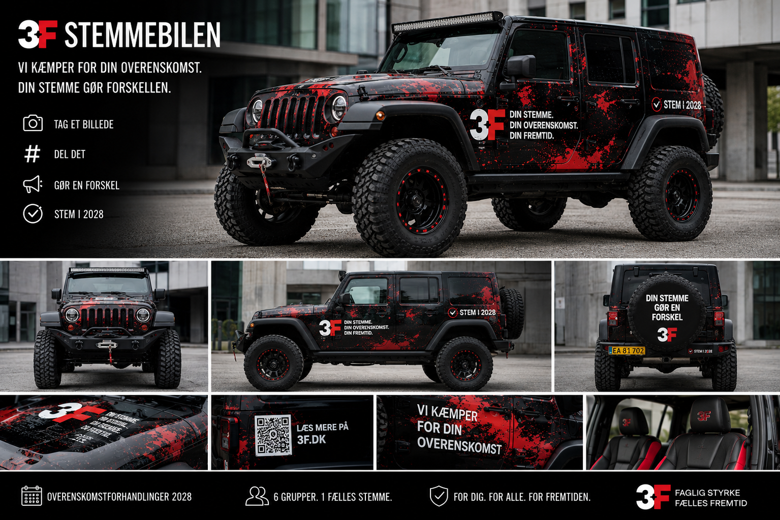 3F Stemmebilen — forslag 2, ombygget Jeep Wrangler med kampagnegrafik