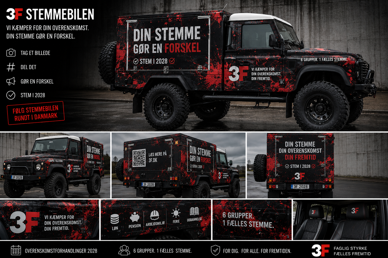 3F Stemmevognen — forslag 1, ombygget Defender med kampagnegrafik